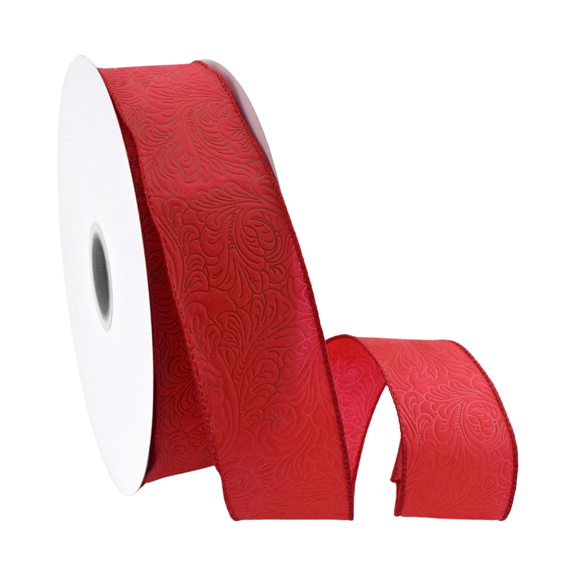 Homeford Embossed Flowers Hot Cut Edge Floral Wrap Ribbon, 2-1/2-inch, 50-yard, Red