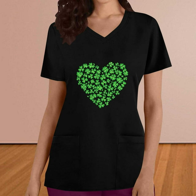 Meichang Womens St Patricks Day Scrub Tops Lucky Shamrock Heart Graphic Working Uniforms Short Sleeve V Neck Cute Tops Nurse Uniforms with Pockets