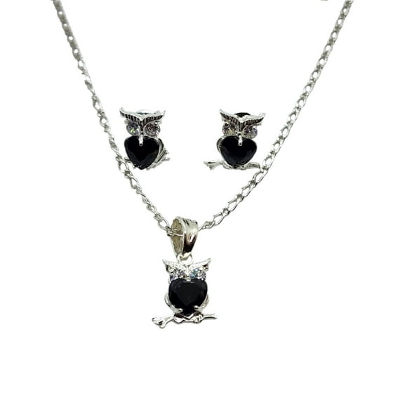 COLLAR DE BUHO NEGRO CON ARETES DE PLATA