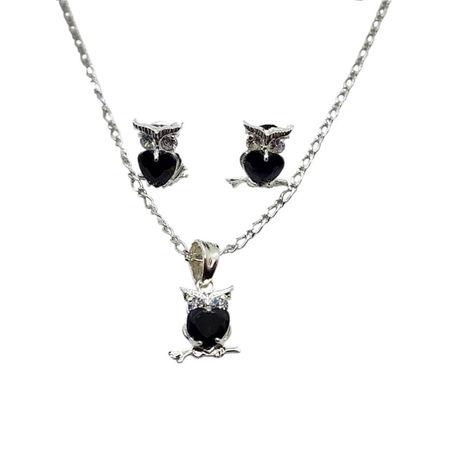 COLLAR DE BUHO NEGRO CON ARETES DE PLATA