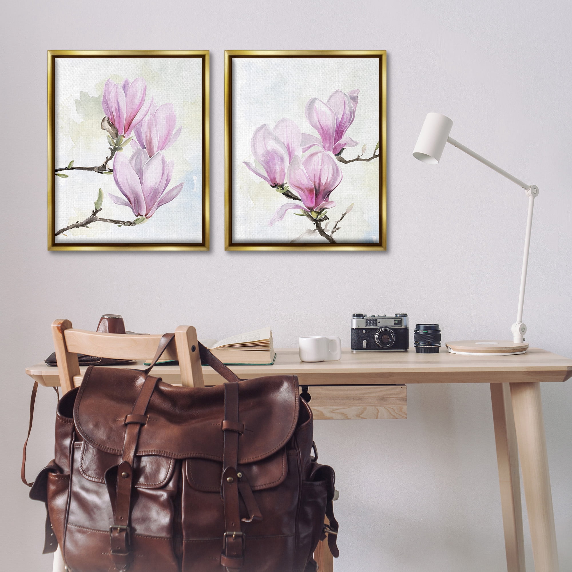 Stupell Industries Pink Magnolia Flower Blossoms Botanical & Floral Painting Gold Floater Framed Canvas Art Print Wall Art, 25 x 31, Set of 2
