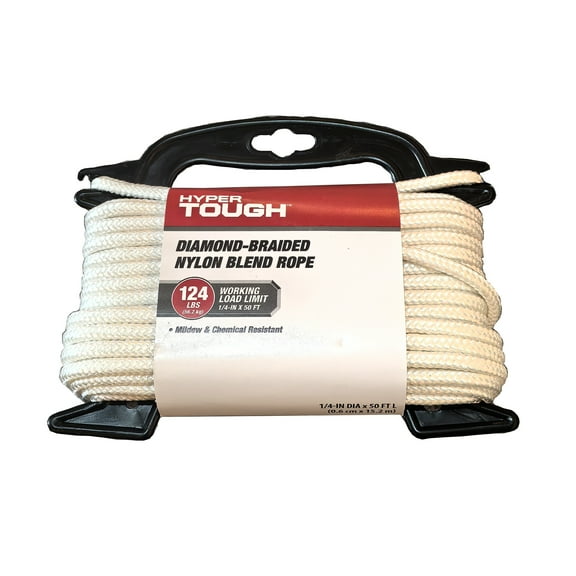Hyper Tough Nylon Blend Diamond Braid Rope, White, 1/4 inch x 50 feet, 1 Each