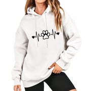 Women's Casual And Fashionable Cat Footprint Printed Couple's Pocket Less Drawstring Pullover Sweater Sweat Shirts Zip up Hoodie Women Graphic Womens Thick Hoodie Hoodies for Women Pullover White XXL