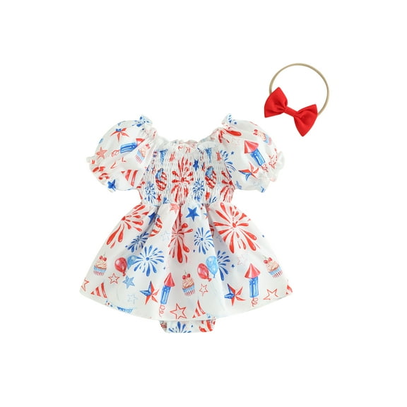 Jxzom 4th of July Baby Girl Outfit Romper Dress 3 6 12 18 24 Months Star Print Ruffle Puff Short Sleeve Jumpsuit and Headband Set
