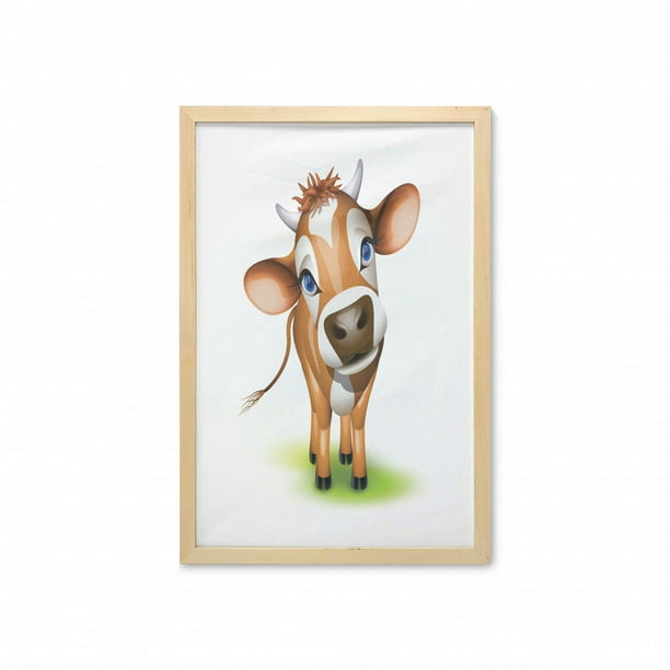 Cartoon Wall Art with Frame, Digitally Composed Cow with Captivating Eyes Livestock Theme, Printed Fabric Poster for Bathroom Living Room Dorms, 23 Cartoon Wall Art with Frame, Digitally Composed Cow with Captivating Eyes Livestock Theme, Printed Fabric Poster for Bathroom Living Room Dorms, 23