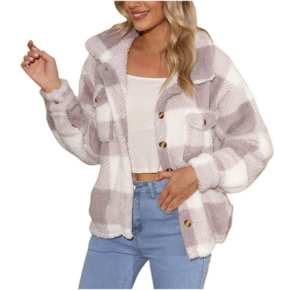 Women's Fuzzy Fleece Sherpa Plaid Lapel Jacket Button Down Warm Winter Shearling Oversized Soft Comfy Outwear Coat