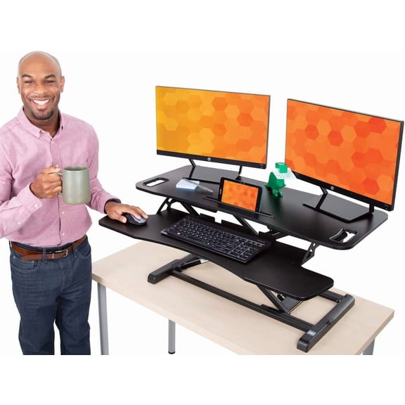 Flexpro Hero 37 Inch Standing Desk Converter, for Office and Home, Height Adjustable, 2 Level Sit to Stand Workspace with Keyboard Shelf & Monitor Riser, Sit or Stand (Black, 37 x 18 x 4.5 to 20)