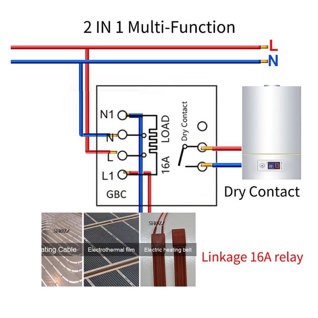 2 IN 1 WIFI Smart Thermostat For Radiant Floor Heat,Dry Contact,16A Relay Switch Multi-Function Temperature Controller ,Easy to Install