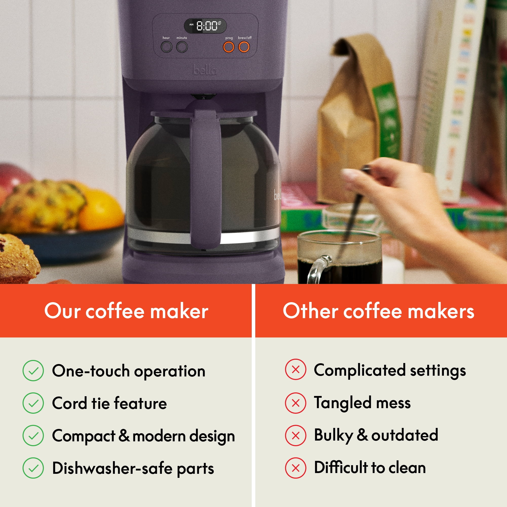 bella 12 Cup Programmable Drip Coffee Maker with Glass Carafe, Auto Shut-Off, Plum