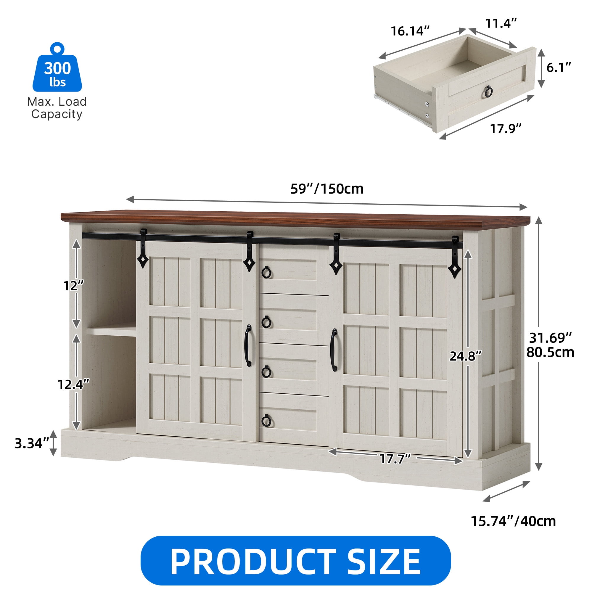 Uforic 59" Farmhouse Sideboard Cabinet, Kitchen Storage Buffet Cabinet with Doors & Drawers & Adjustable Shelves, White