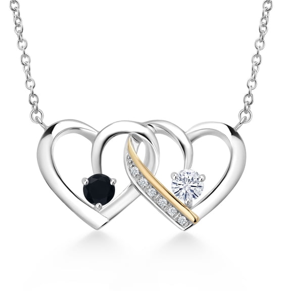 925 Silver and 10K Yellow Gold Black Onyx and White Moissanite and White Lab Grown Diamond Interlocking Heart Pendant Necklace for Women (0.48 Cttw, Gemstone December Birthstone, with 18 inch Chain)