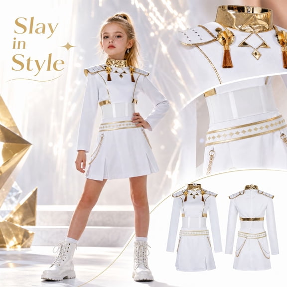 Halloween Cosplay Pop Singer Stage Costume for K'ids, 2 Piece Matching Set with Shoulder Pads Belt and Chain Details, Ch'ildr'en Performance Outfit for Holiday Birthday Party