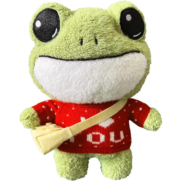 Almohada de peluche de rana verde de pie de 11,8 pulgadas, muñecos de animales de peluche, juguetes de peluche cortos con suéter y mochila para niños