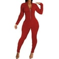 thumbnail image 3 of AGWOLF Bodycon Jumpsuits for Women Casual Long Sleeve Popcorn Rompers Zipper Mock Neck Skinny Pants One Piece Designer Junpsuits Clubwear Red S, 3 of 7