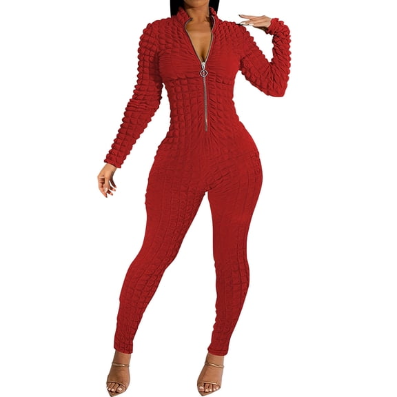 SMihono Bubble Texture Workout Jumpsuit for Women Zip Up Stand Collar Bodycon Romper Fashion Trendy One Piece Long Bodysuit Red 4