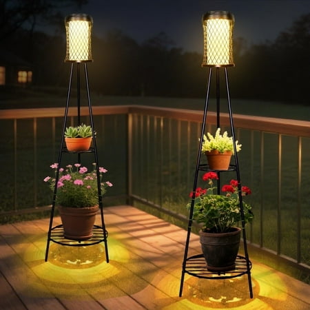 Solar Floor Lamp with Plant Stand, Waterproof Metal Stake Lanterns, 2-Pack