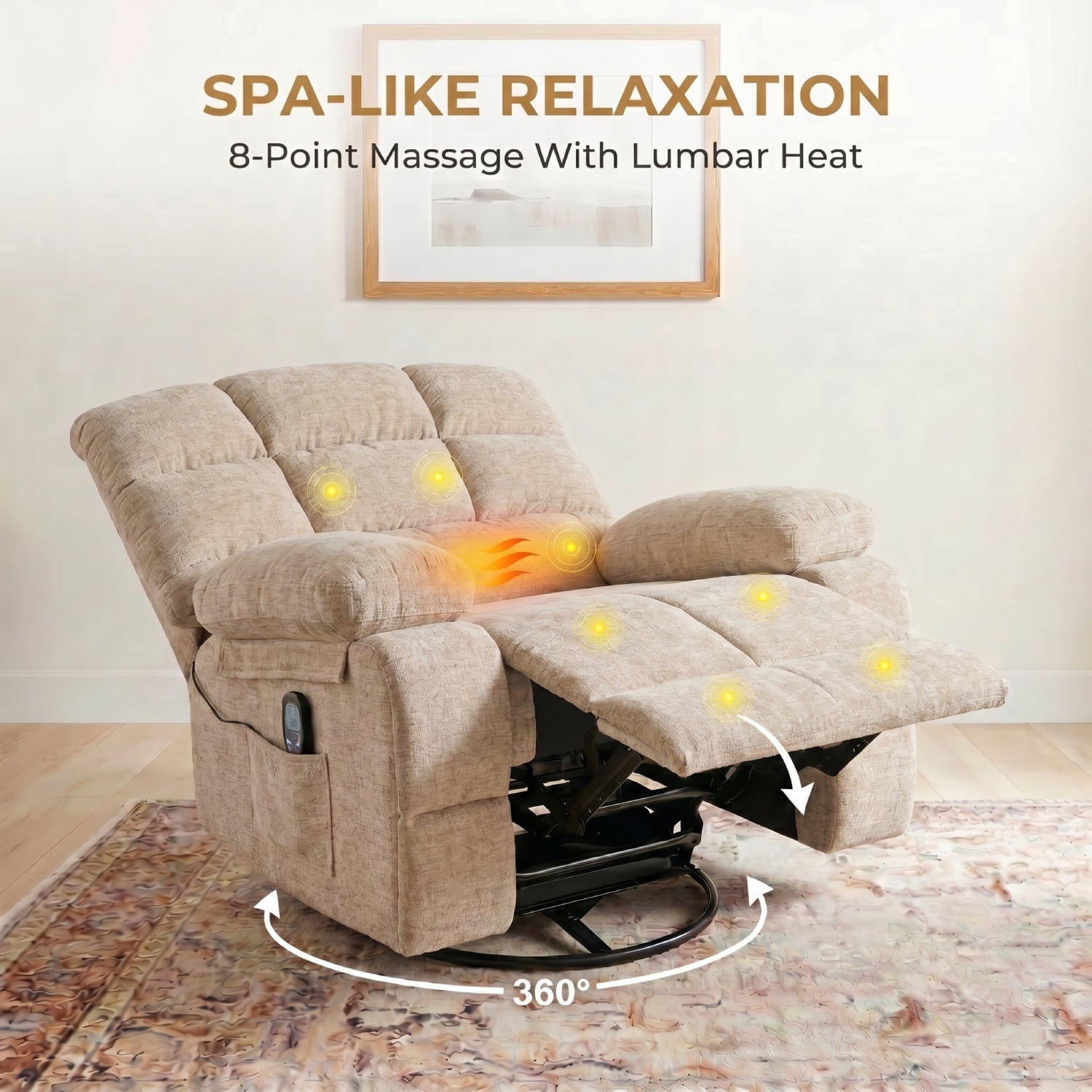 FitStand Swivel Rocker Recliner Chair with Heat and Massage, 24.4" Wide Seat Chenille Oversized Recliner, Gray