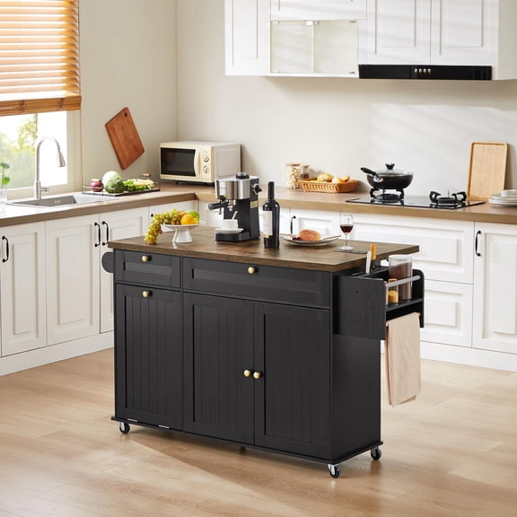 Rogalis Kitchen Island w/Outlet&Towel Rack, 60" Kitchen Storage Cart w/Foldable Countertop, Black