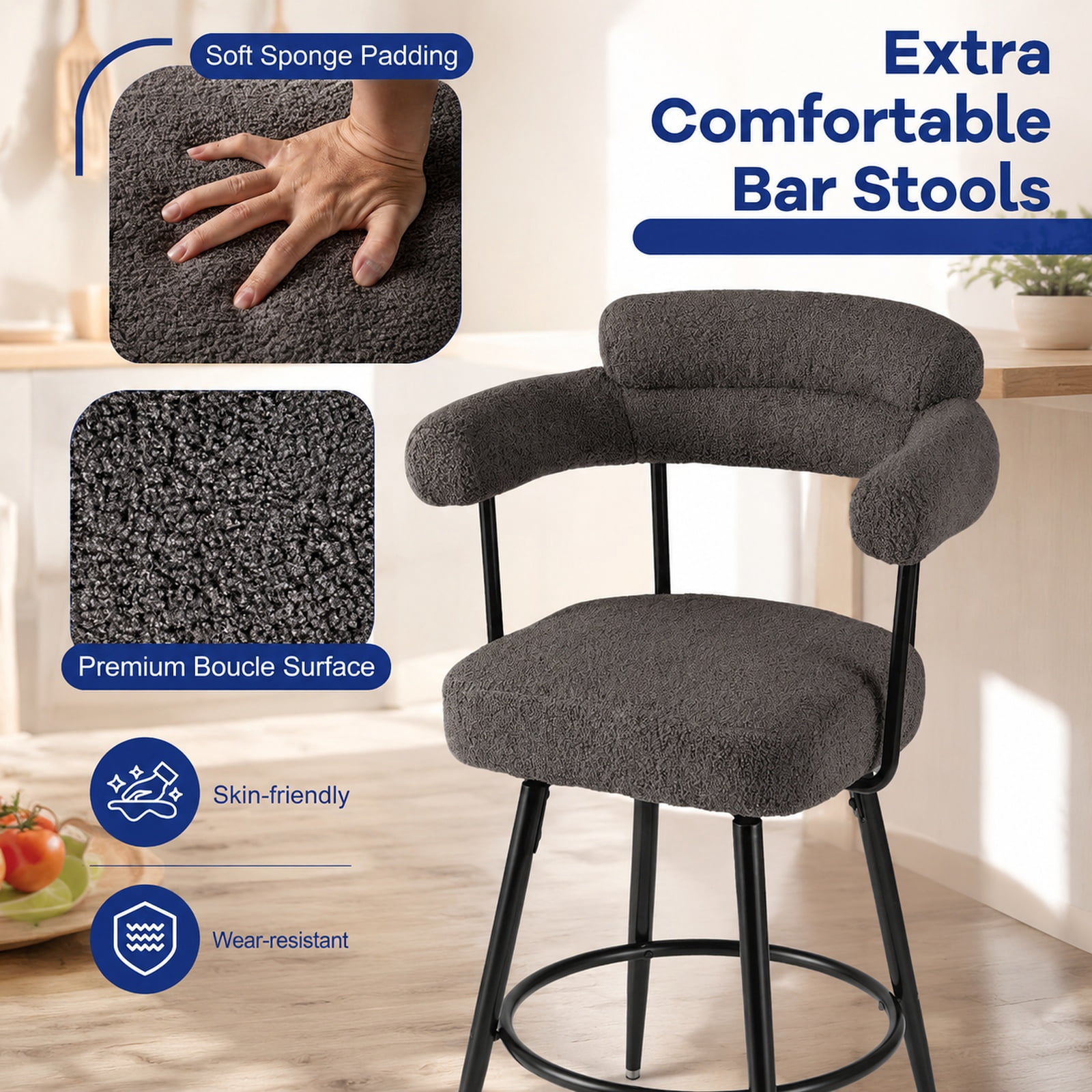 Furnibear Swivel Bar Stool Set of 2 Counter Height Chairs with Curved Back and Arms for Kitchen Island Counter Bar Pub Dining Home, Grey