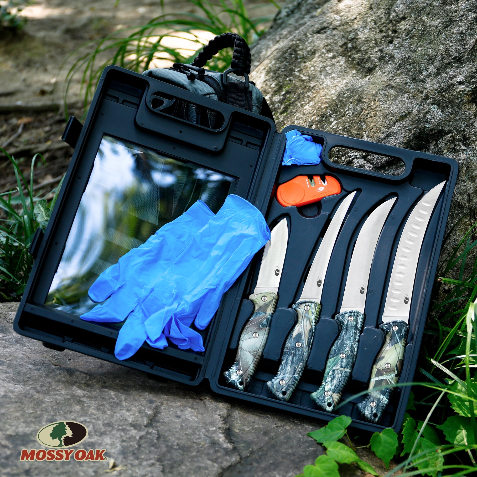 Mossy Oak 8-Piece Wild Game Butcher Set with Knives, Sharpener for Hunting, Field Dressing, Processing Deer