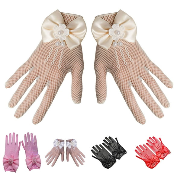 Lace Gloves for Girls - Tea Party Wedding Flower Girl Gloves, Romantic See-through Hollow Out Big Bow-knot Wedding Prom Gloves Kid Gloves