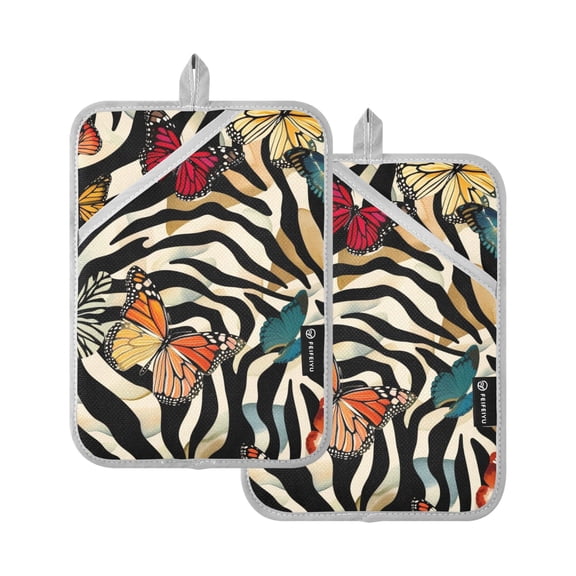 Pot Holders Set of 2 Heat Resistant 338℉ Kitchen Oven Gloves Potholder Cooking Baking Microwave Mitts Butterflies on Zebra Stripes