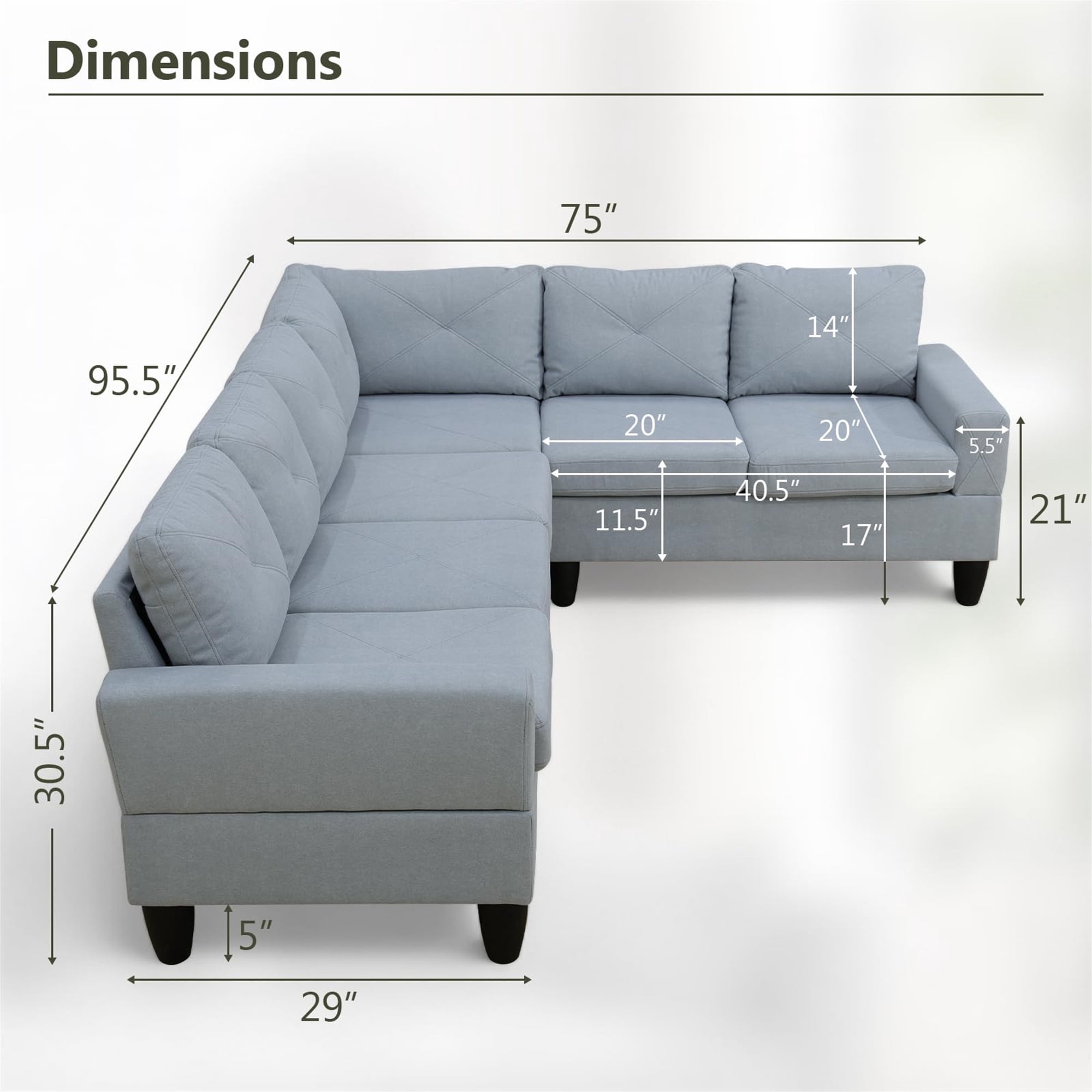 Aukfa 6-Seater L Shaped Sectional Sofa Modular Couch for Living Room, 2Pillows, Flannel, Light Gray