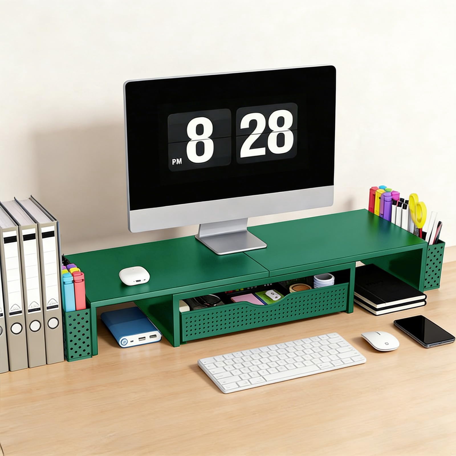Metal Desk Organizers And Accessories  Dual Monitor Stand Riser With Drawer 2 Pen Holders & Workspace Desktop For Office Supplies (dark Gree)