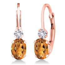 Gem Stone King 18K Rose Gold Plated Silver Orange Red Madeira Citrine and White Created Sapphire Leverback Earrings for Women (0.88 Cttw, Gemstone Birthstone, Oval 6X4MM, Round 2MM, 3/4 inch)