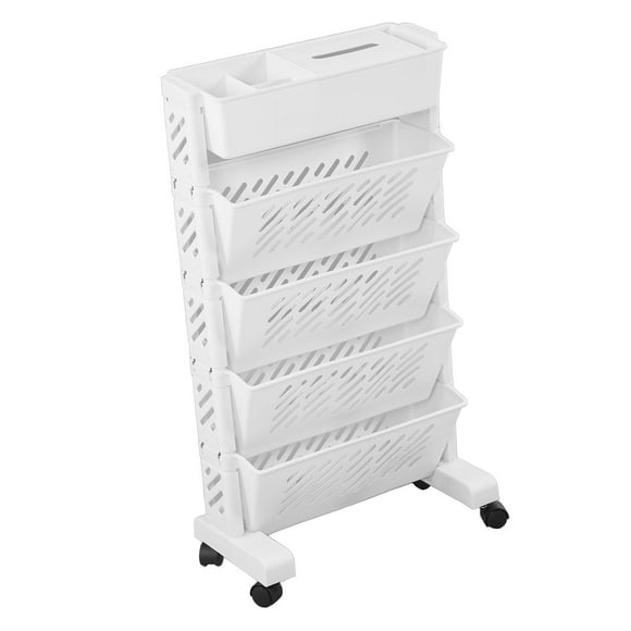 White Storage Organizer Shelf Removable Plastic Movable Bookshelf Storage Shelving Unit 5 Tiers Mobile Shelving Unit for Home Study Room