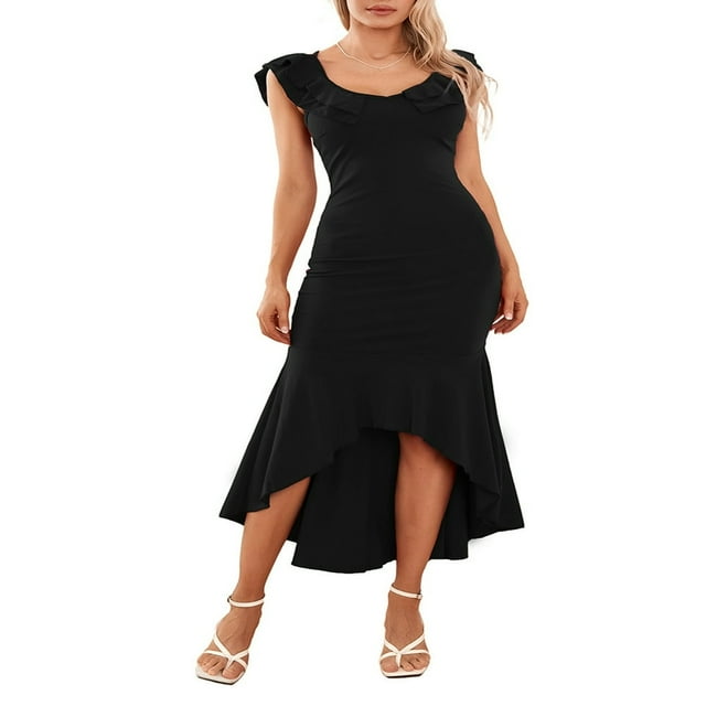 Women Long Bodycon Dress Solid Color Ruffles Fishtail Sleeveless Dress
