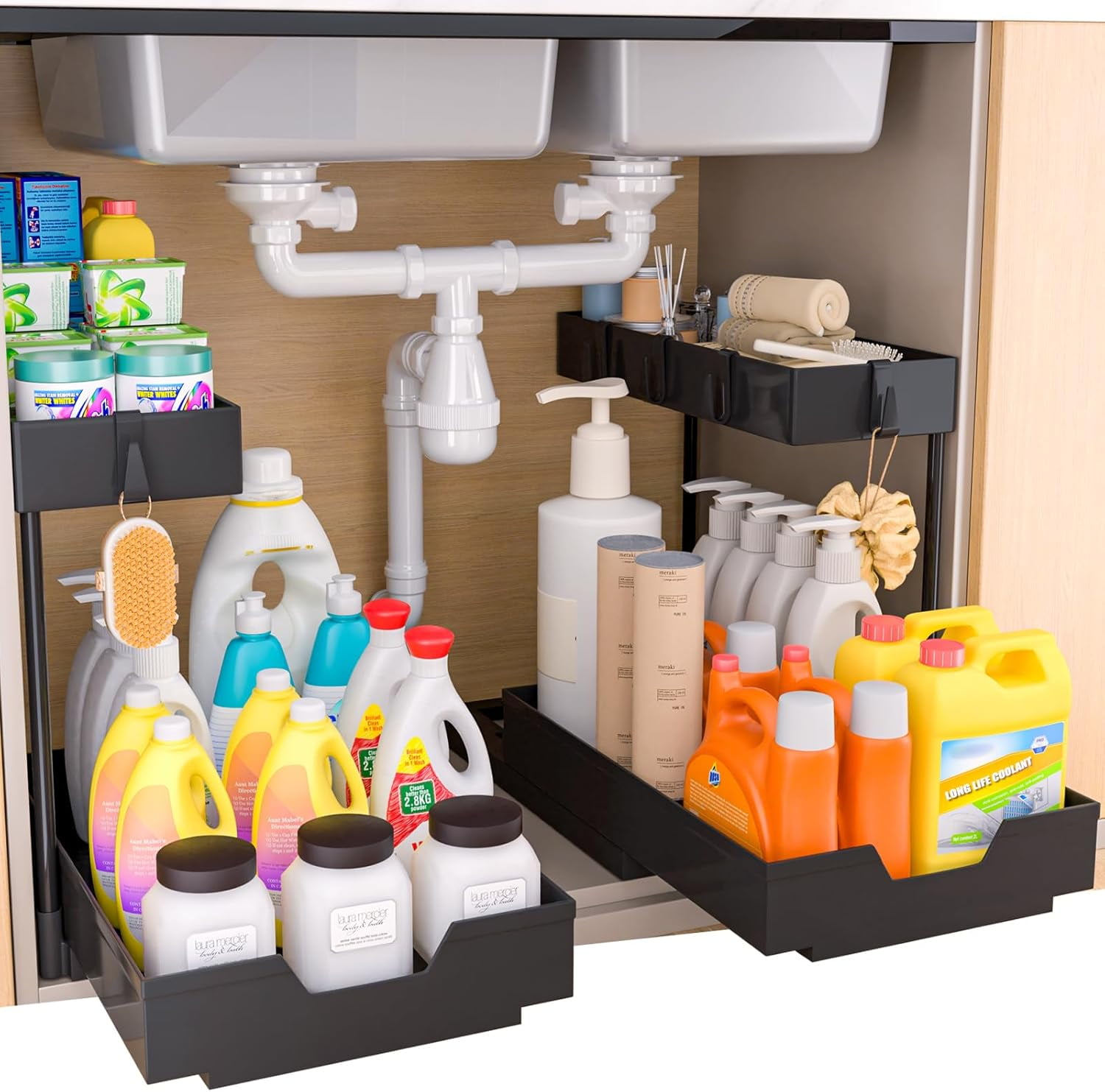 2-Pack Under Sink Organizer, 2-Tier Sliding L-Shaped Kitchen Bathroom Cabinet Organizer and Storage Rack with Hooks, Large Capacity Pull-Out Sink Organizer, Multi-Purpose Drawer Basket Storage Rack