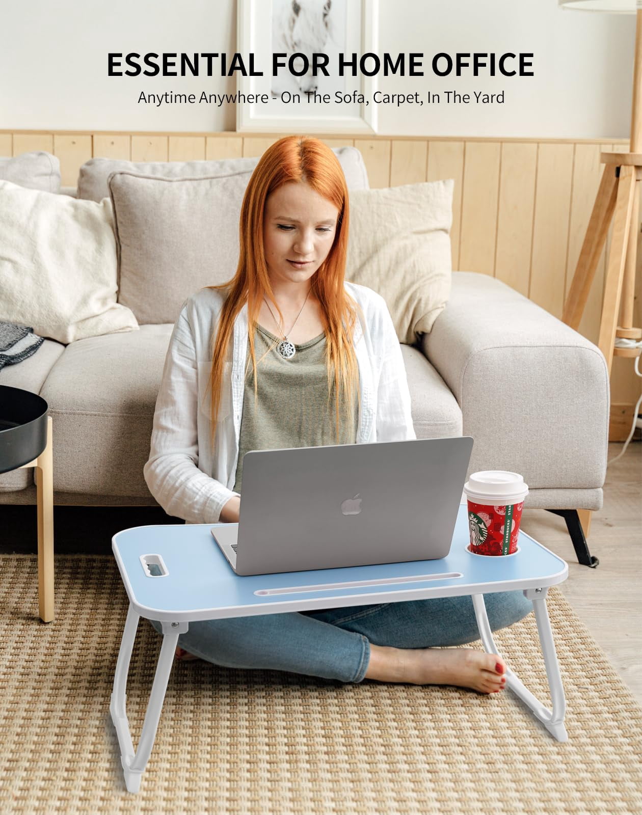 Laptop Bed Desk  Foldable Lap Portable Table Stand With Cup Holder & Tablet Slot Lifting Handle For Working Writing Drawing Eating - Blue
