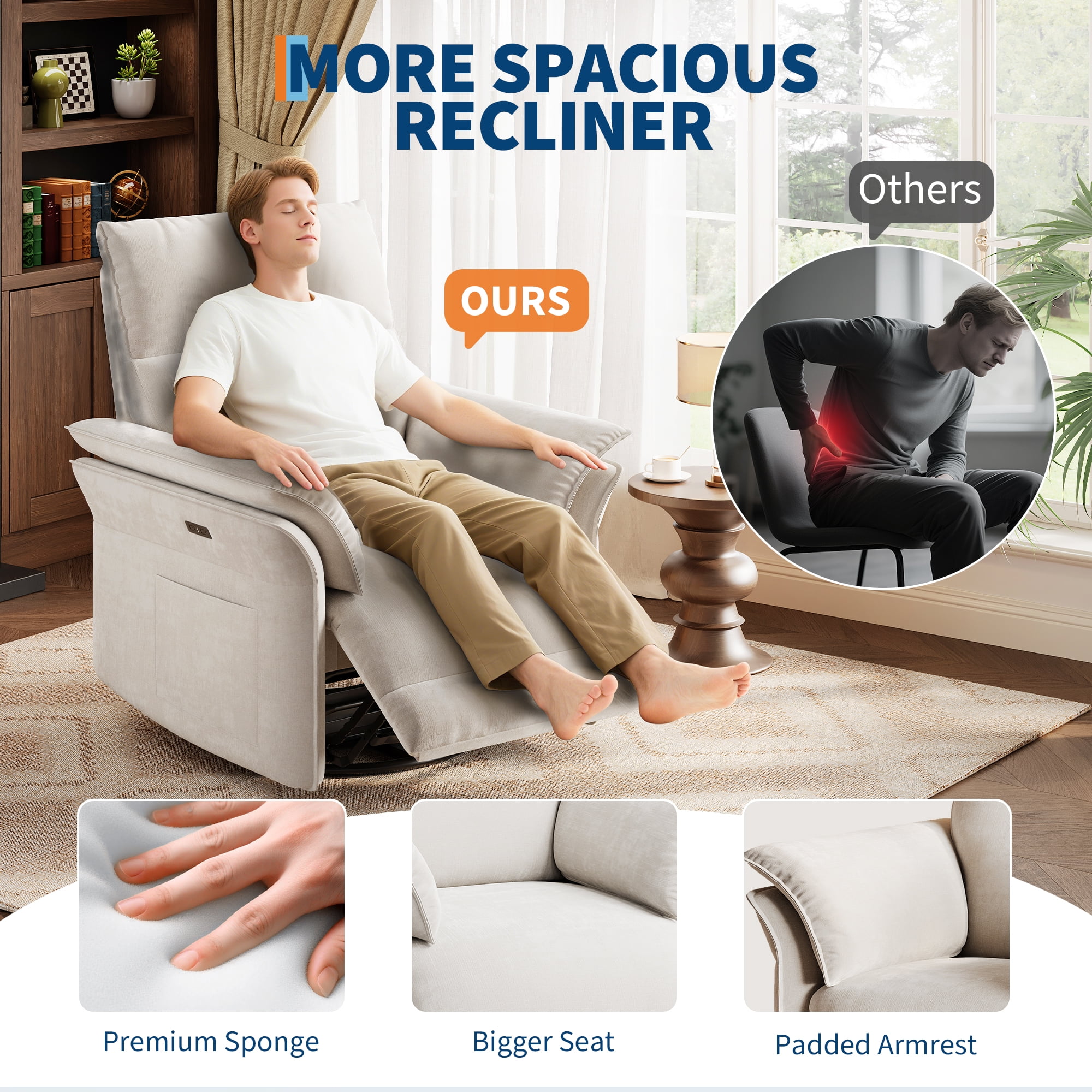 Power Recliner Chair Glider – Swivel Rocker with USB Charging Port, 270° Rotation, 350 lb Capacity, & Double-Layered Armrests – Chenille Upholstery for Living Room, Nursery, Bedroom