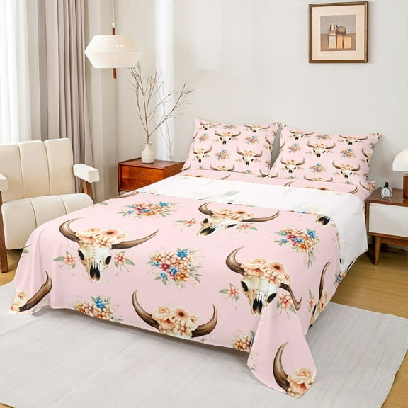 Homewish Girly Pink Mandala Twin Sheet Sets for Kid, Hippie Sheep Skeleton Twin Fitted Sheet, Boho Tribal Floral Flat Sheet, Breathable Home Decor, 3 Pieces