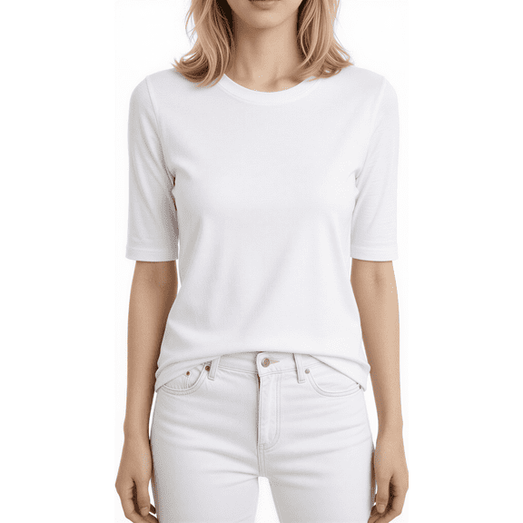 Womens Loose Fit Crew Neck Basic T-Shirt Elbow Sleeve Solid Tee White,Size XL