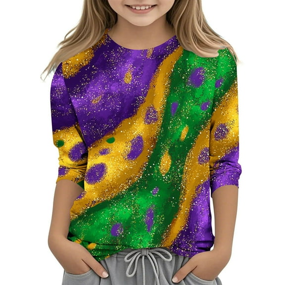 CLOISE Kids White T Shirt Boy Girls Toddler Mardi Gras Purple 3/4 Sleeve Crew Neck Tops Print Outfits Fall Winter Clothes 3T