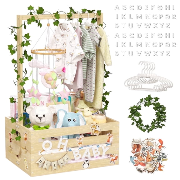 Tesabmi Baby Shower Crate Closet, Large Personalized Wooden Baby Shower Gift Basket with Alphabet Letters, Clothes Hangers and Vine, Natural