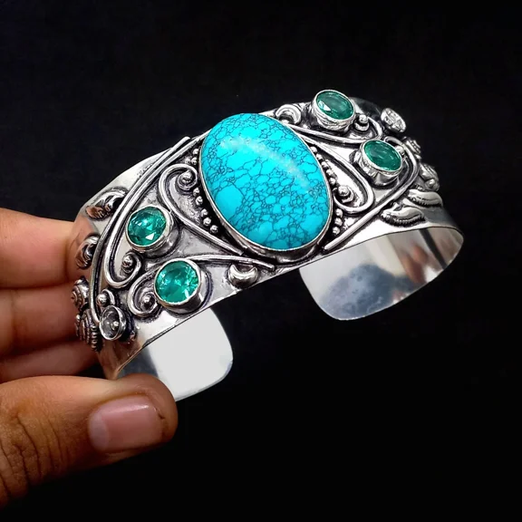 925 Sterling Silver Turquoise & Green Tourmaline Gemstone Jewelry Cuff Bracelet