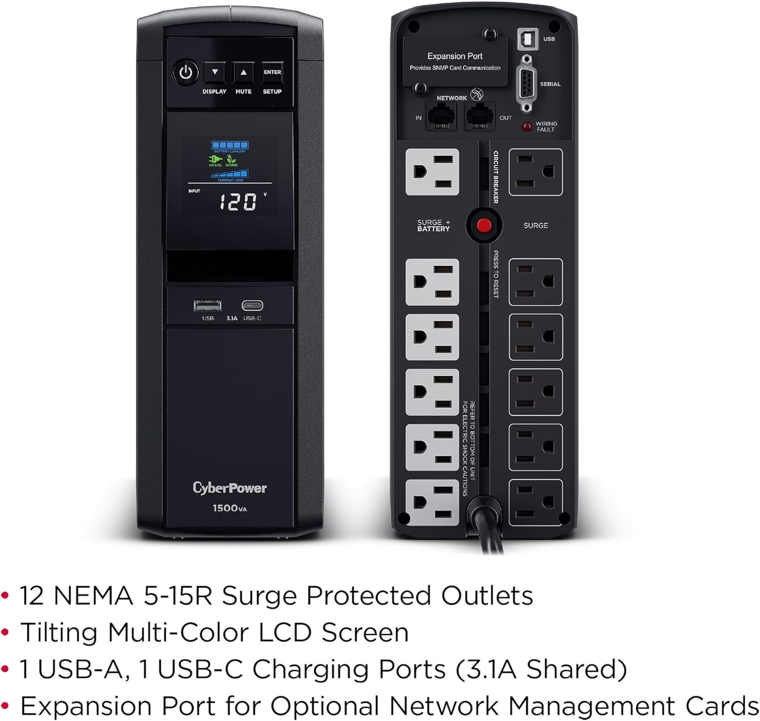 CyberPower CP1500PFCLCD 1500VA/1000W Pure Sine Wave UPS Battery Backup, PFC Compatible, 12 Outlets, AVR Mini Tower
