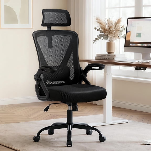 Mesh Office Chair Ergonomic High Back Desk Chair with Adjustable Lumbar Support, Headrest and Armrests, Breathable Swivel Computer Chair with Rolling Wheels for Home Office (Black)