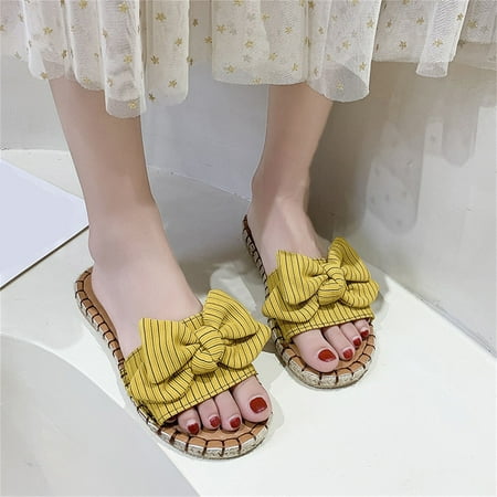 

〖Yilirongyumm〗 Yellow 39 Slippers For Women Fashion Slippers Bottom Soft Rope Sandals Flat Bowknot Bottom And Shoes Stripe Women s Slipper