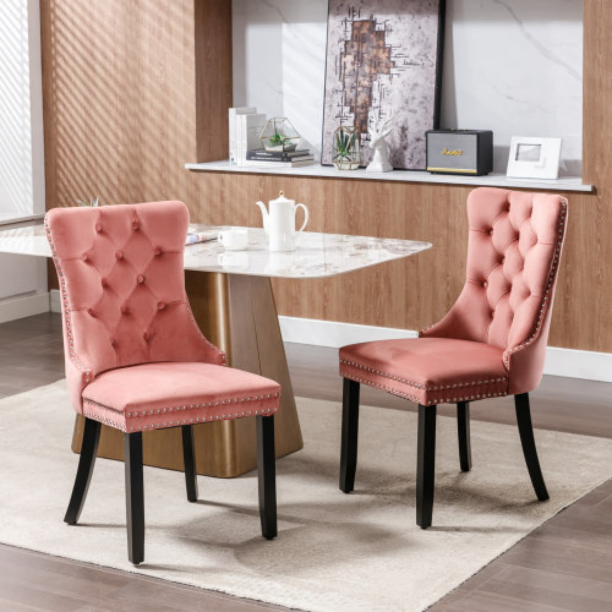 BSHTI 37.5" Velvet Upholstered Contemporary Dining Chairs Set of 2, Tufted Parson Wingback Chair with Nailhead Trim for Kitchen Dining Room(Pink)