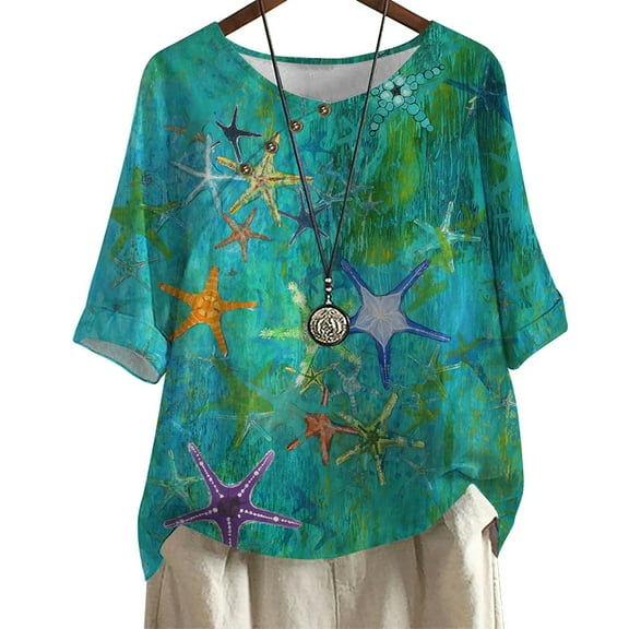 CLOOCL Women's plus size T-shirt Crew Neck Starfish Graphic Print Loose Casual Tops