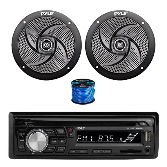 Pyle PLCDBT95 In Dash Bluetooth Marine Stereo Radio MP3 CD Player AM/FM Receiver, 2x 5.25" 180 Watt 2-Way Slim Low Profile Audio Speakers (Black) w/ Wire