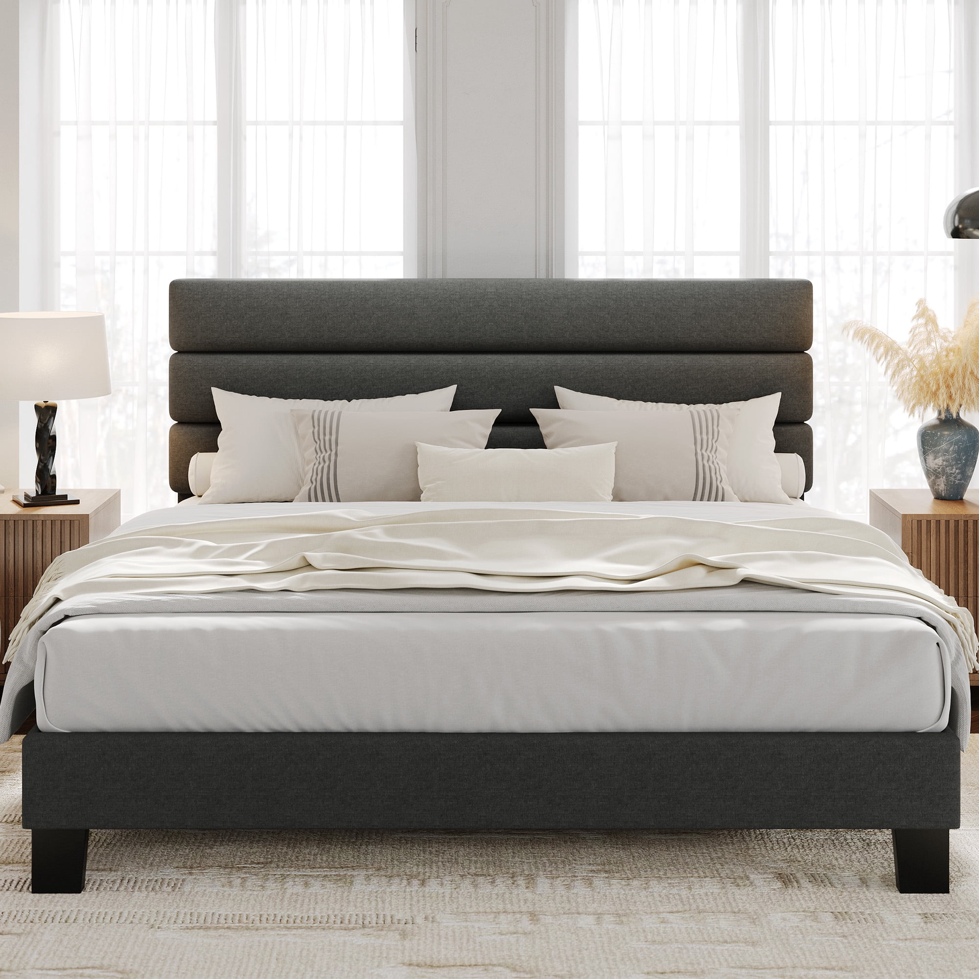 King Size Bed Frame with Linen Fabric Upholstered, Platform Bed with Strong Wood Slats Adjustable Headboard,Mattress Foundation, No Box Spring Needed