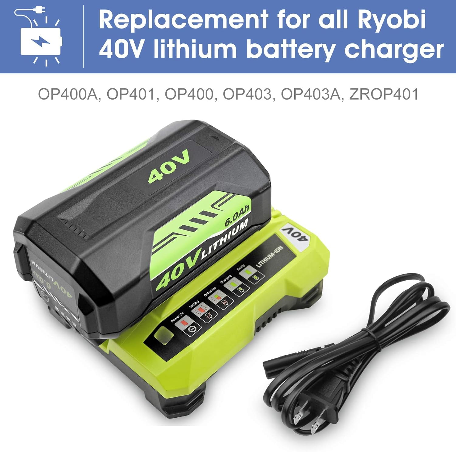 OP401 Fast Charger Replacement for Ryobi 40V Battery OP401 Charger Compatible with Ryobi 40V Lithium Battery OP4015 OP4026 OP4026A OP4030 OP4040 OP4050 OP4050A OP4060 OP40261 OP40301 OP40401 Charger