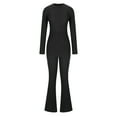 thumbnail image 4 of Women's Long Sleeve Two Piece Outfits Casual Knit Top Wide Leg Loungewear Solid Color Crew Neck Sweater Tracksuits (Black M), 4 of 6
