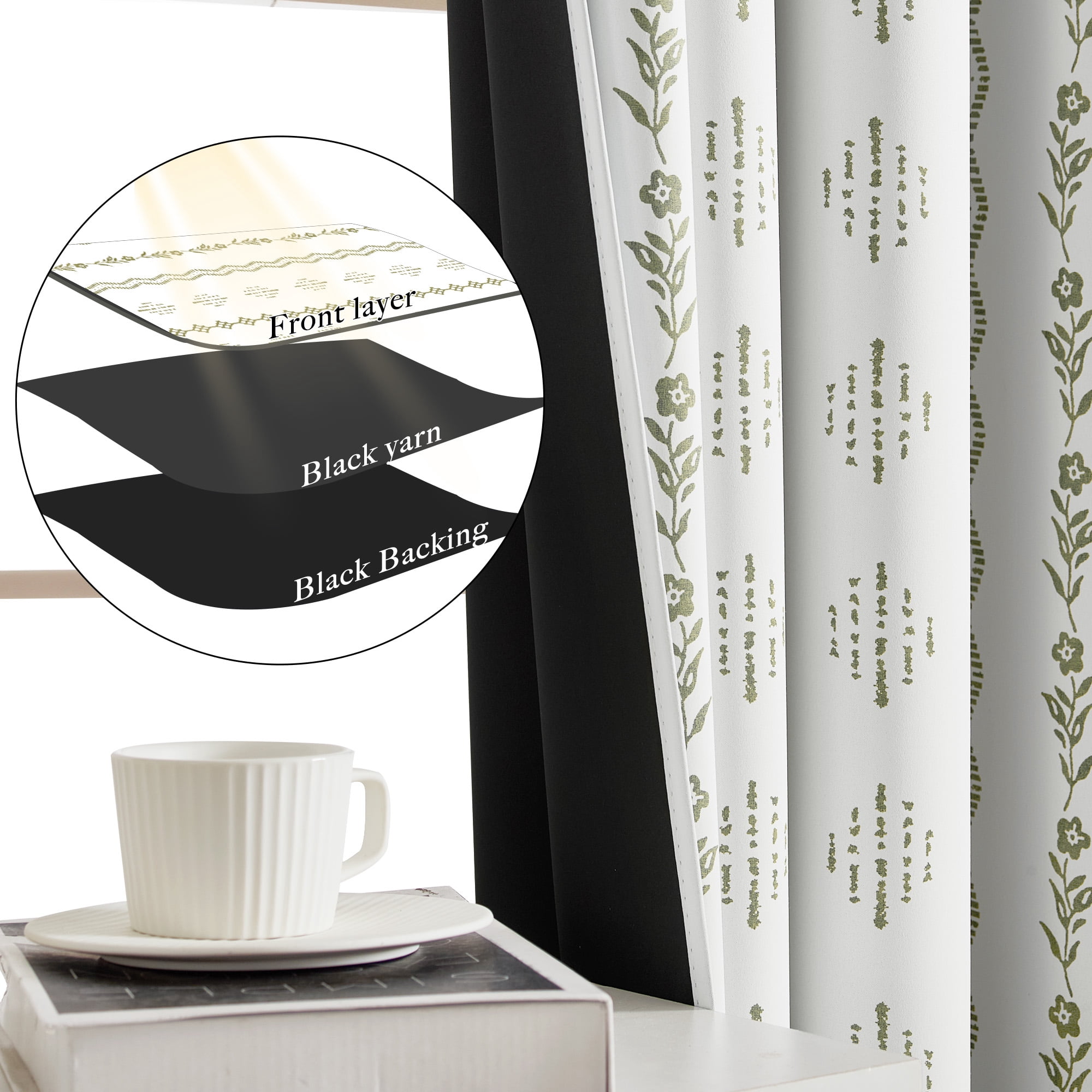 NICETOWN 100% Blackout Boho Curtain for Bedroom Light Blocking Sounds Reducing Printed Floral Drapes, W52 x L84, Sage Green on White, 2 Panels