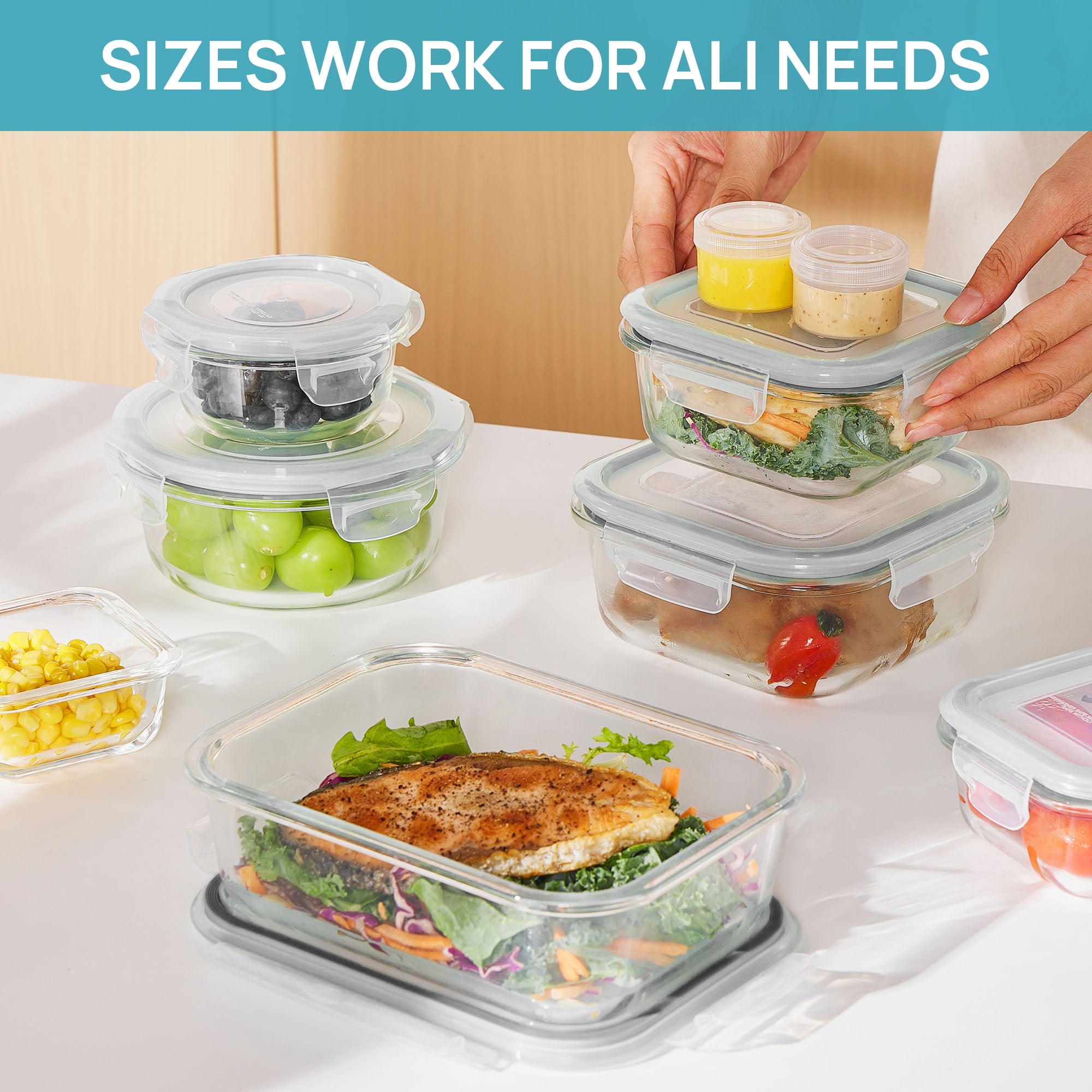 Sindcom 34pcs Glass Food Storage Containers with Lids Set, Airtight Meal Prep Containers (17 Containers & 17 Lids), Grey